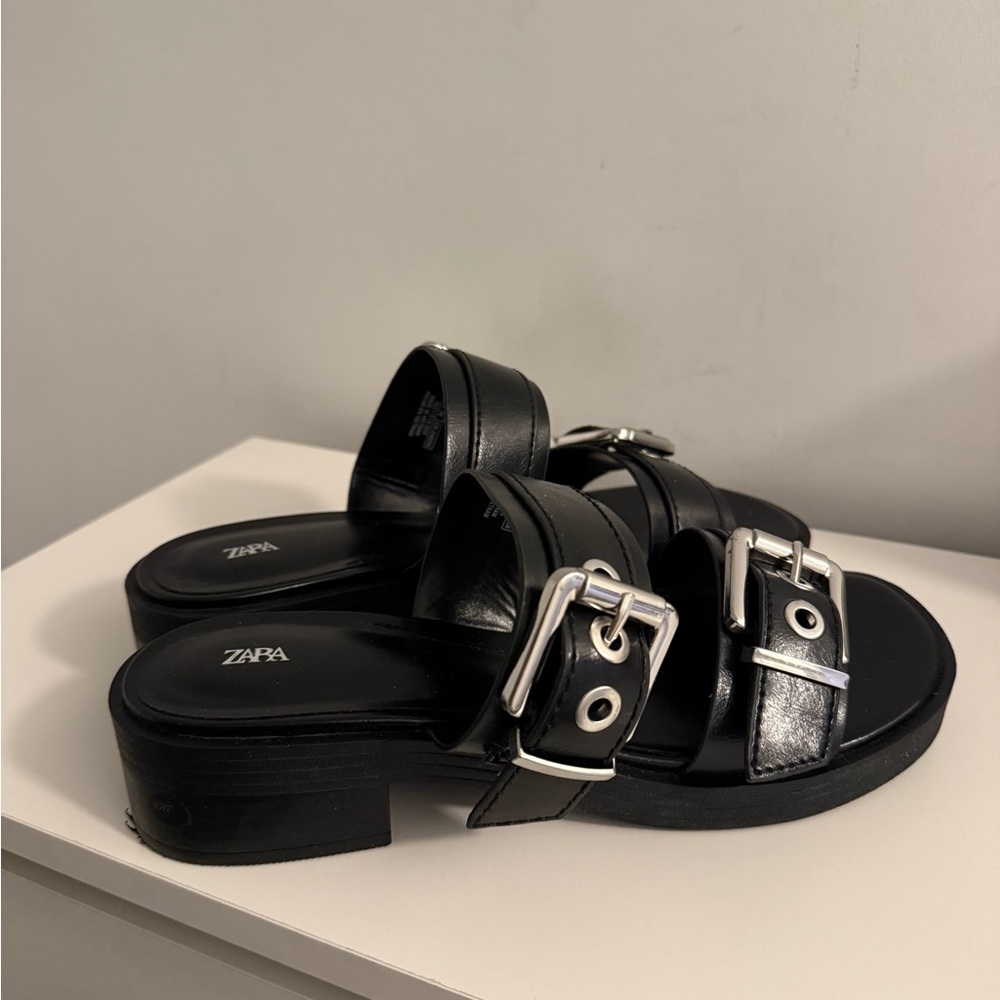 Zara Black Leather Sandals with Silver Buckles size 38
